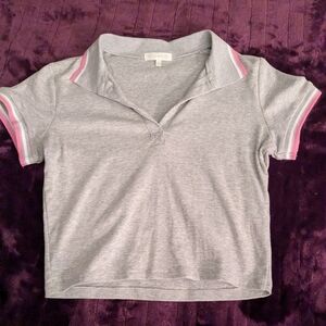 Ultra Flirt Medium Grey Collared Polo Crop Top With Pink and White Accents